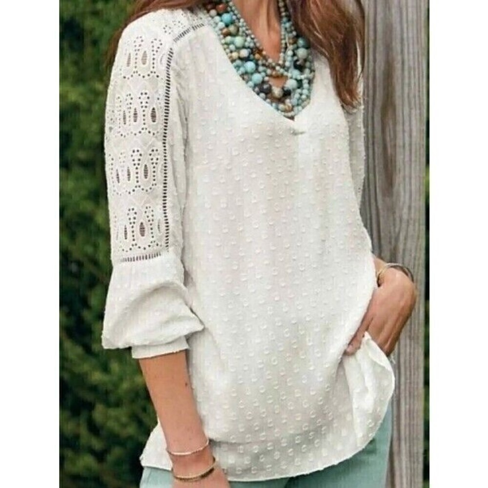Soft Surrounding Harcourt Blouse L Textured Top Cream Ivory Long Sleeve Tunic